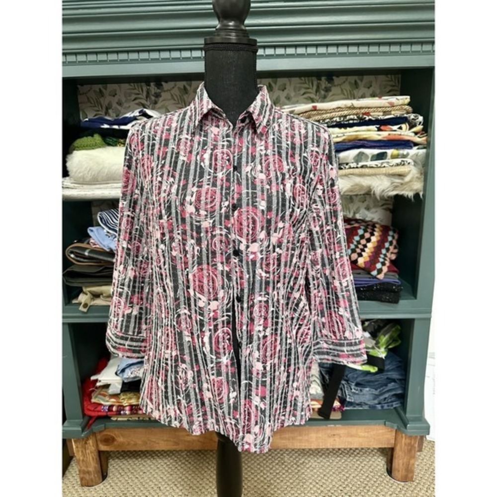 Christopher & Banks Womens‎ Medium Rose Design Black Striped Button Up Sz Small